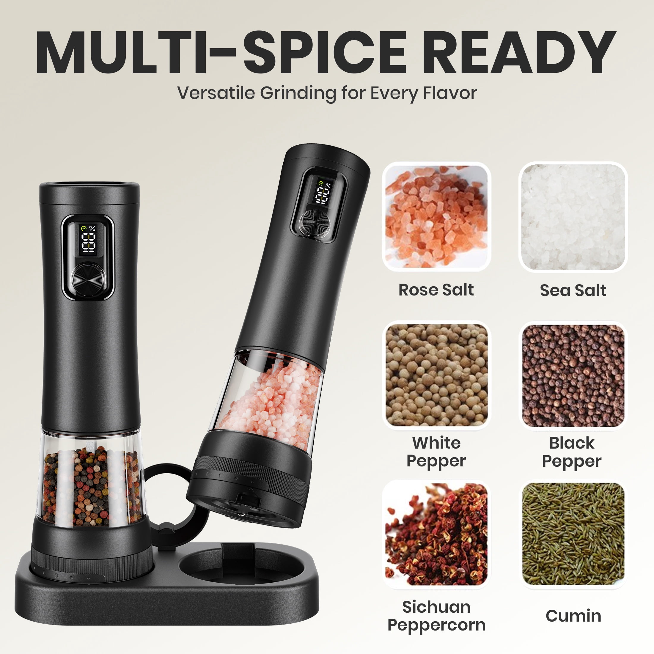 Moreblue Electric Salt and Pepper Grinder Set, Automatic Rechargeable Salt and Pepper Shaker with LED light, Pepper Mill with 5 Adjustable Coarseness(Black)