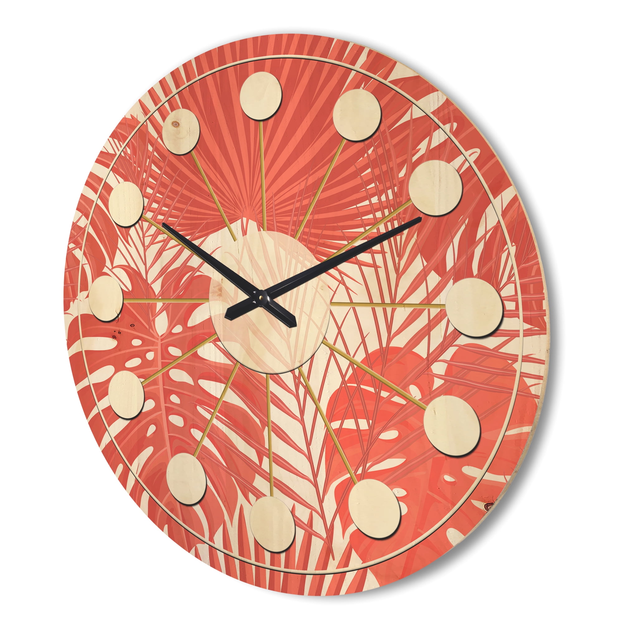 Designart 'Retro Tropical Foliage Coral I' Mid-Century Modern Wood Wall Clock