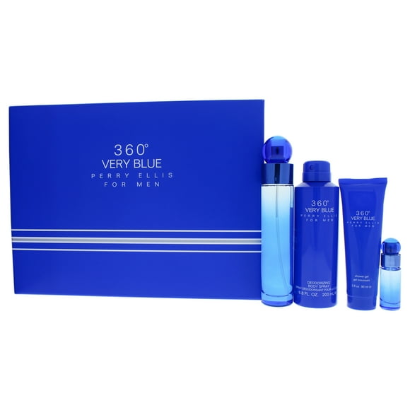 Aerosol EDT de 3.4oz, Aerosol EDT de 7.5ml, Aerosol corporal de 6.8oz, Gel de ducha de 3oz Perry Ellis Perry Ellis 360 Very Blue Perfume EDP Set de regalo Caballero 4Pc Set
