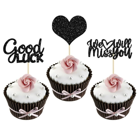 12pcs Black Glitter We Will Miss You Cupcake Toppers with Love Glitter Good Luck Cupcake Picks Going Away Farewell Retirement Theme Party Cake Decorations Supplies