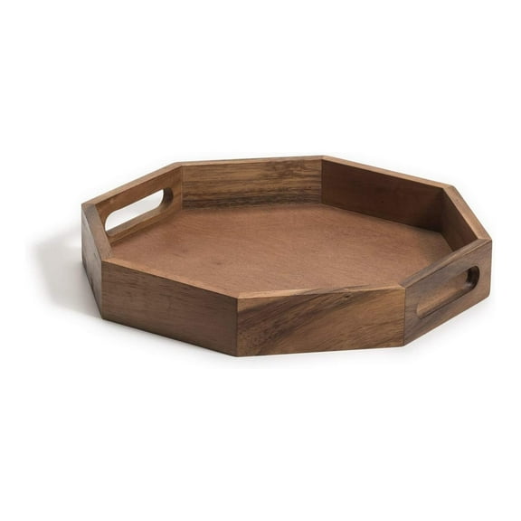 Acacia Wood Serving Tray - 17x17 Inch Octagon Tray with Handles - Decorative Home Tray