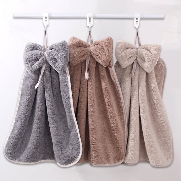 Bow Hand Towel Hangable Soft Fleece – Highly Absorbent Kitchen Bathroom Towel, No Shedding, Quick Dry, 13"x13" Brown/Gray/Beige, Space-Saving Gift