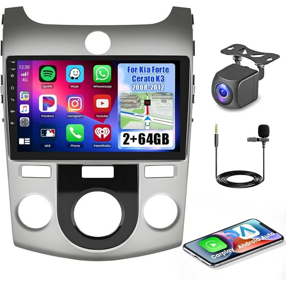 [2 64G] Android 15 Car Stereo for Kia Forte 2008-2012 Wireless CarPlay Android Auto,9 Inch Touch Screen Bluetooth Radio GPS WiFi Dual USB FM RDS Radio Backup Camera