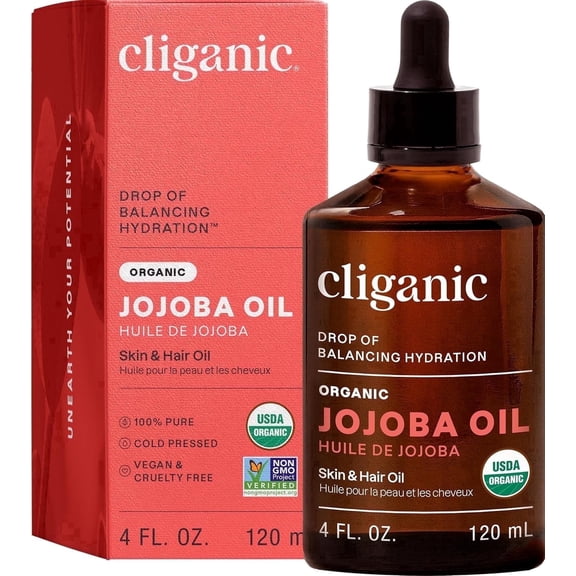 Cliganic Jojoba Oil, Cold-Pressed Organic Body Oil and Moisturizer for Skin Care, Hexane-Free, 4 fl oz