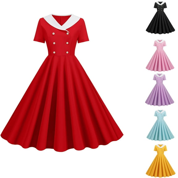 Elainilye Fashion Women's Casual Dresses Casual Solid Short Sleeve V-Neck Ladies Dress Vintage A Line Dress,Blue