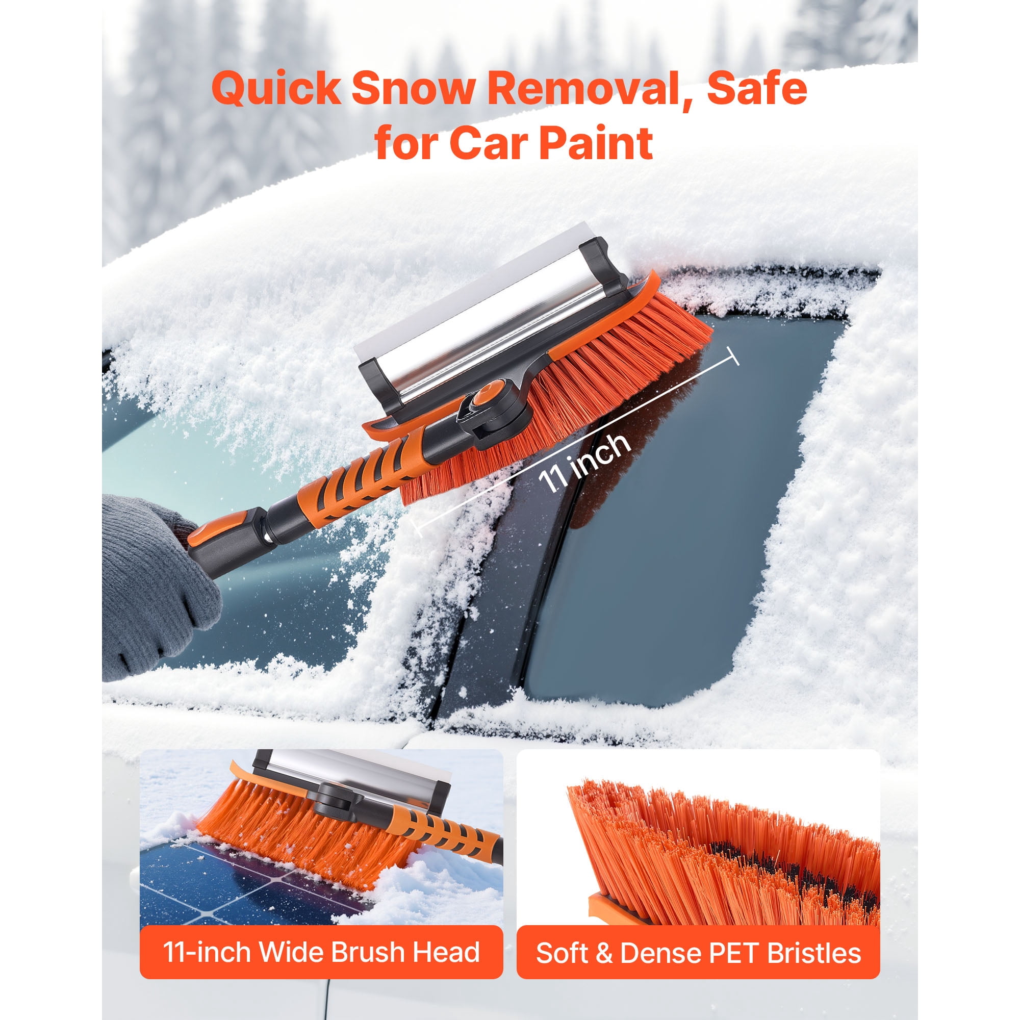 KFFKFF 3-in-1 Car Snow Brush with Ice Scraper, Squeegee, and Adjustable 180° Brush Head, Extendable Aluminum Handle (34.3"-42.1") with Foam Grip for Windshield, Windows, RVs, Trucks, and SUVs
