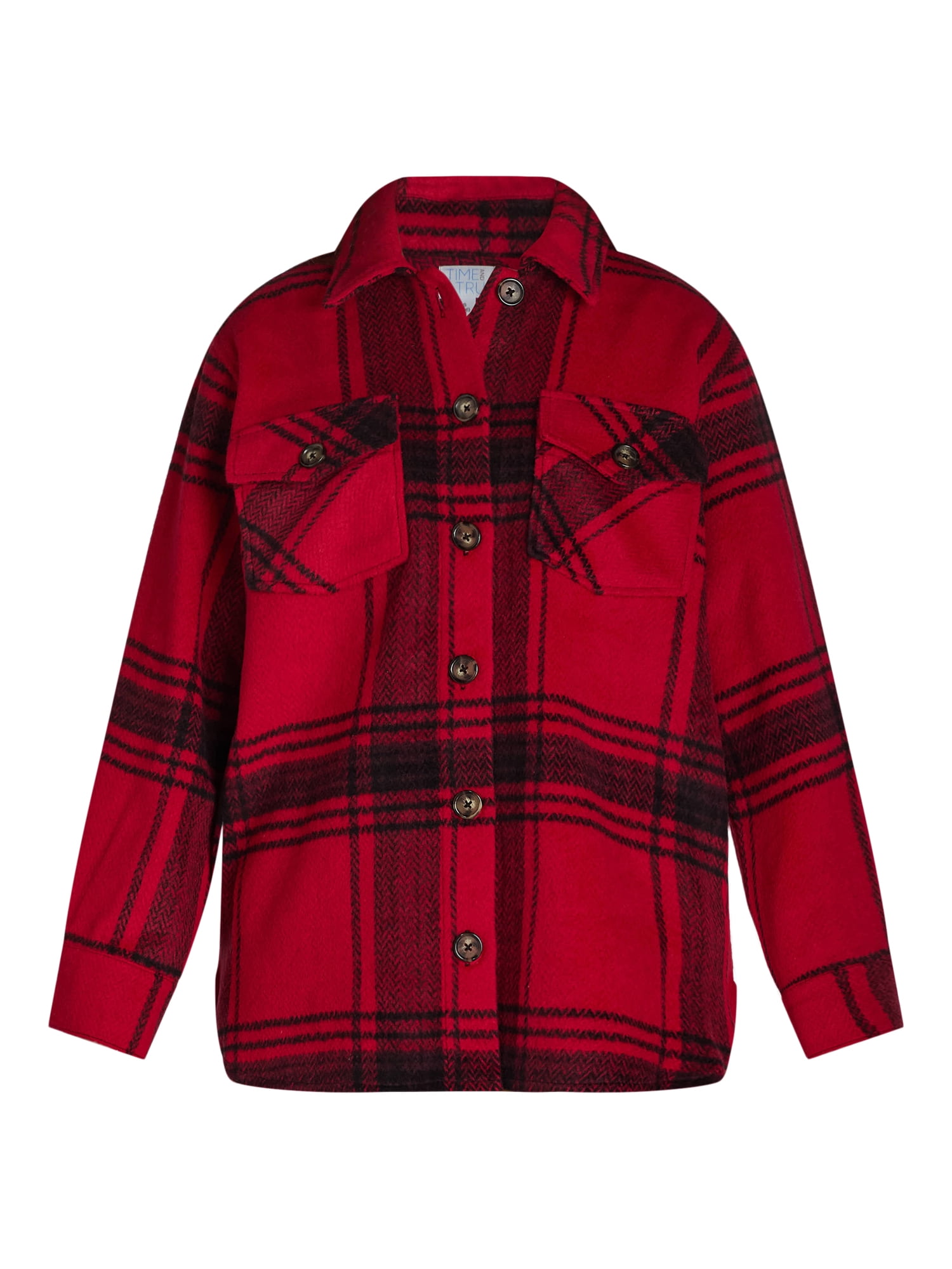 Time and Tru Women's Plaid Button Front Shacket, XS-XXXL