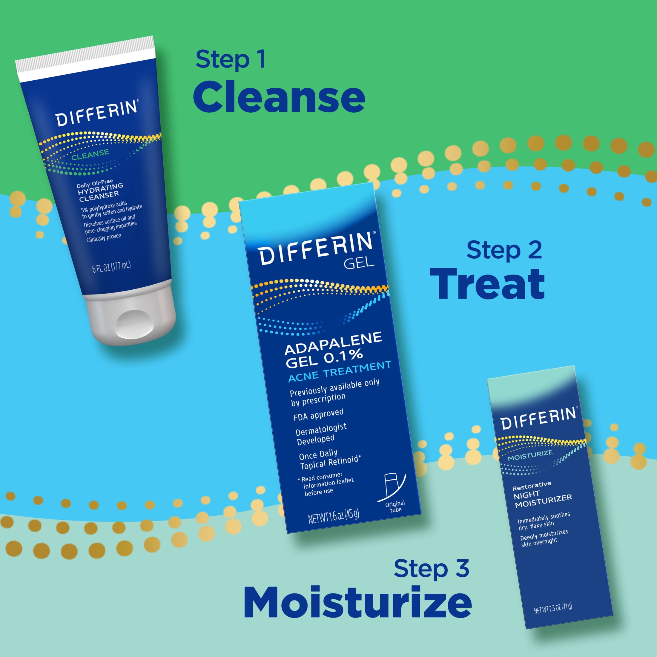 Differin Acne Treatment Gel, Retinoid Treatment for Face with 0.1% Adapalene, Gentle Skin Care for Acne Prone Sensitive Skin, 1.6 OZ