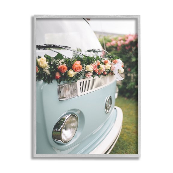 Stupell Industries Classic Retro Blue Van Spring Rose Florals Transportation Painting Gray Framed Art Print Wall Art, 16 x 20