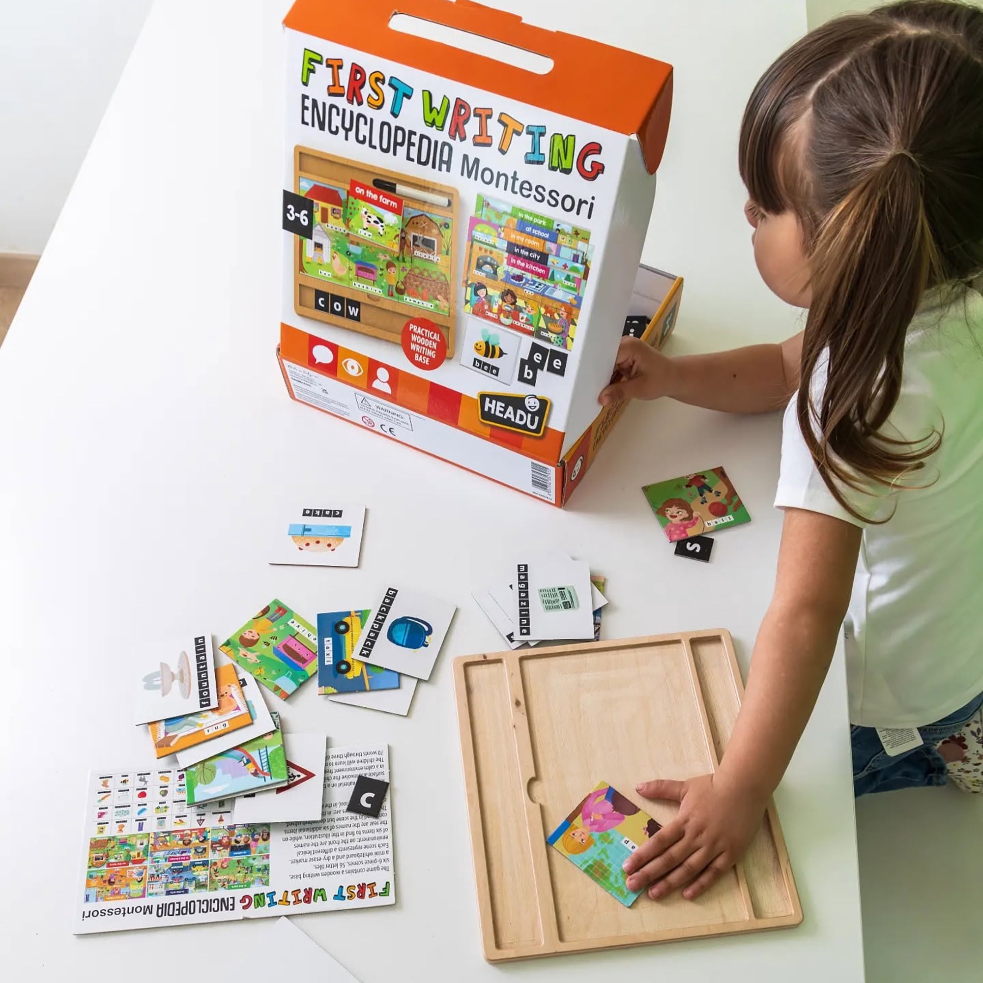 Headu: First Writing Encyclopedia Montessori - Wooden Letter Tracing Board, Dry-Erase Writing Practice, Modular Lexical Scenes, ABC Tiles, Kids 3-6