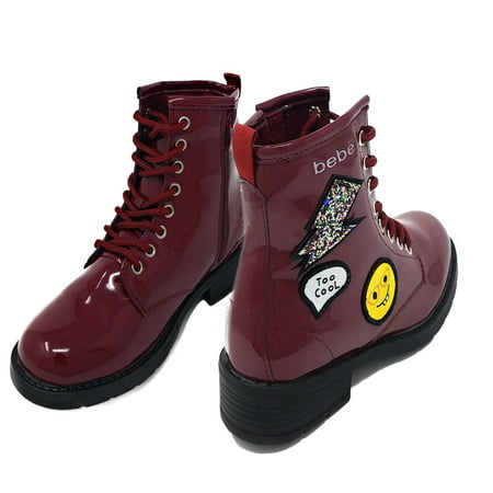bebe Girls Patent Combat Boots with Patches 13 Burgundy