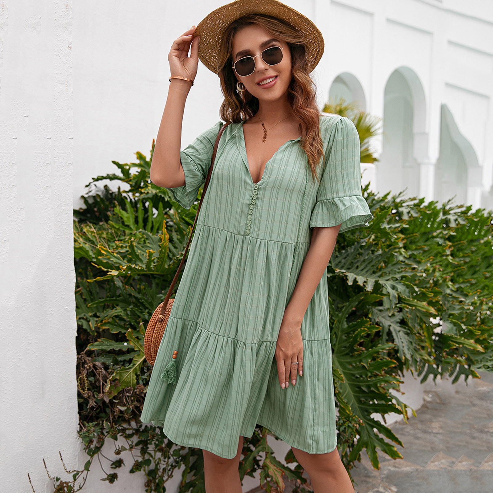 Kcodviy Women Summer Dresses Short Sleeve V Neck Casual Loose Flowy Swing Shift  Dresses High Neck Dress Petite Summer Dresses For Women Petite Length  Summer Casual Dress Casual Summer Women Dress Maxi -