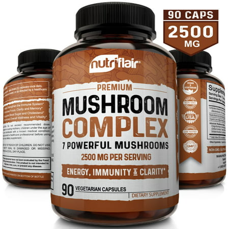 NutriFlair Mushroom Supplement 2500MG - 90 Capsules - 7 Organic Mushrooms - Reishi, Lions Mane, Cordyceps, Chaga, Turkey Tail, Maitake, Shiitake Nootropic Complex - Brain, Immune System, Energy,