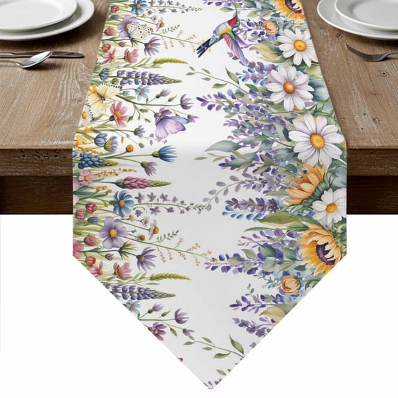 Watercolor Floral Table Runner Linen Burlap Table Runner 36 Inches Small Spring Daisy Sunflowers Wisteria Hummingbird Dresser Scarves for Kitchen Island Coffee Dining Party Holiday Decor 13"x36"