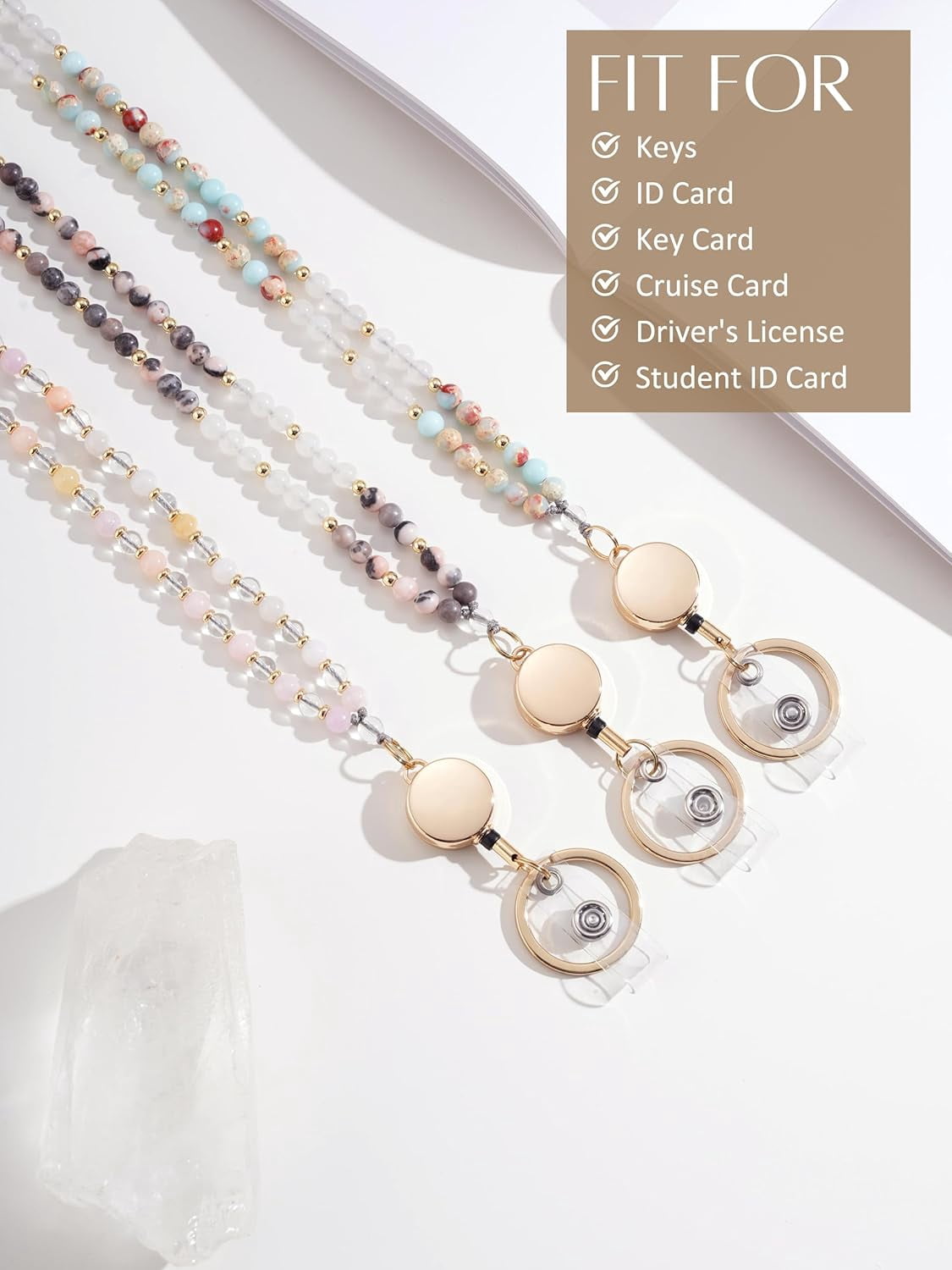 Lanyards for ID Badges and Keys, Retractable Beaded Lanyards for Women Natural Stone, Cute Teacher Lanyard with ID Holder Light Cyan