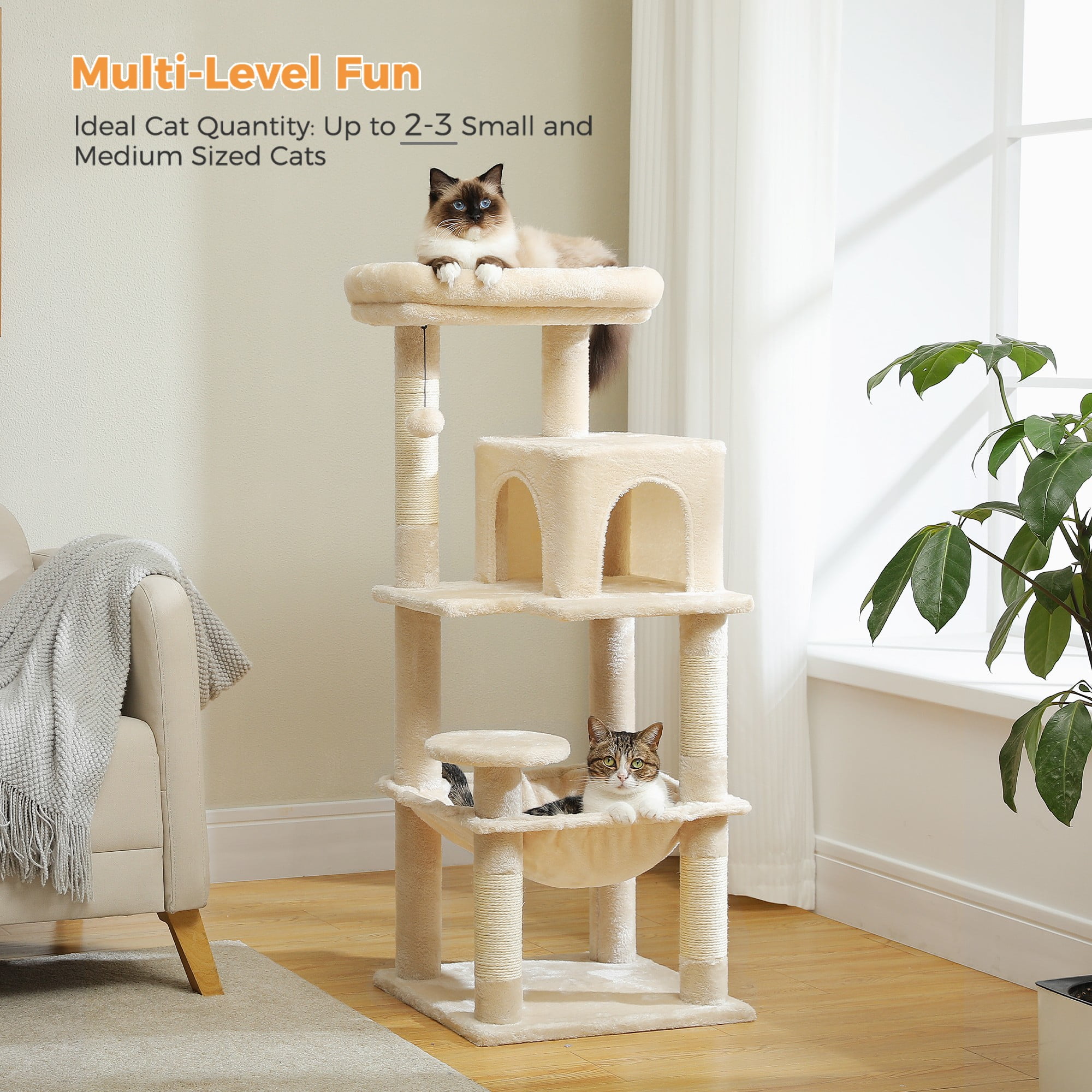 Kadyn 45" Modern Cat Tree House, Cat Condo for Indoor Cats, Activity Center Cat Scratching Tower for Kittens Toy, Beige