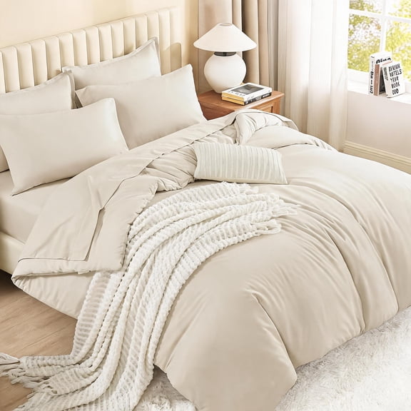 Full Size 7-Piece Solid Comforter Set with Sheets in Beige