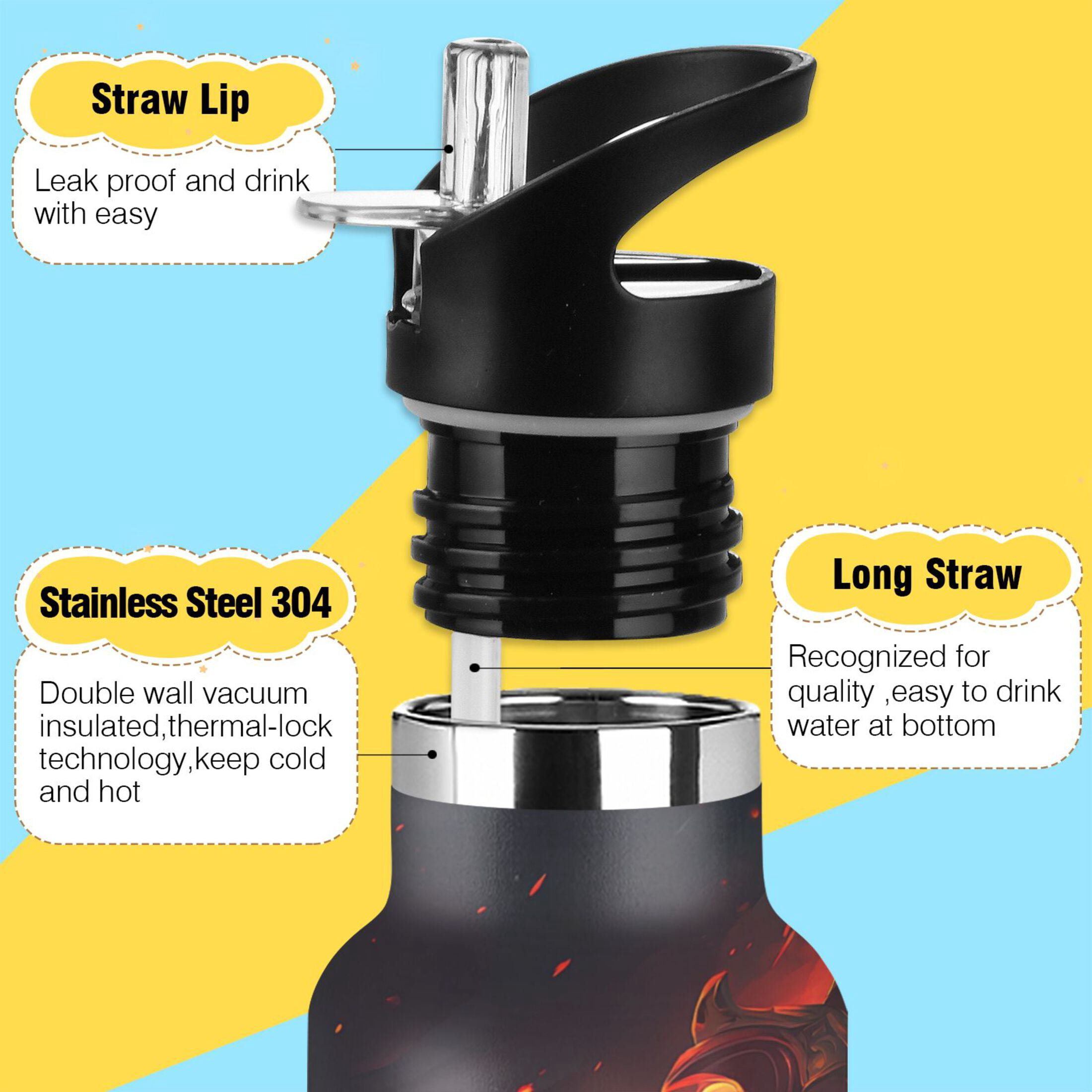 Kids Insulated Stainless Steel Sports Water Bottle 600ml (20oz) Flaming Sword