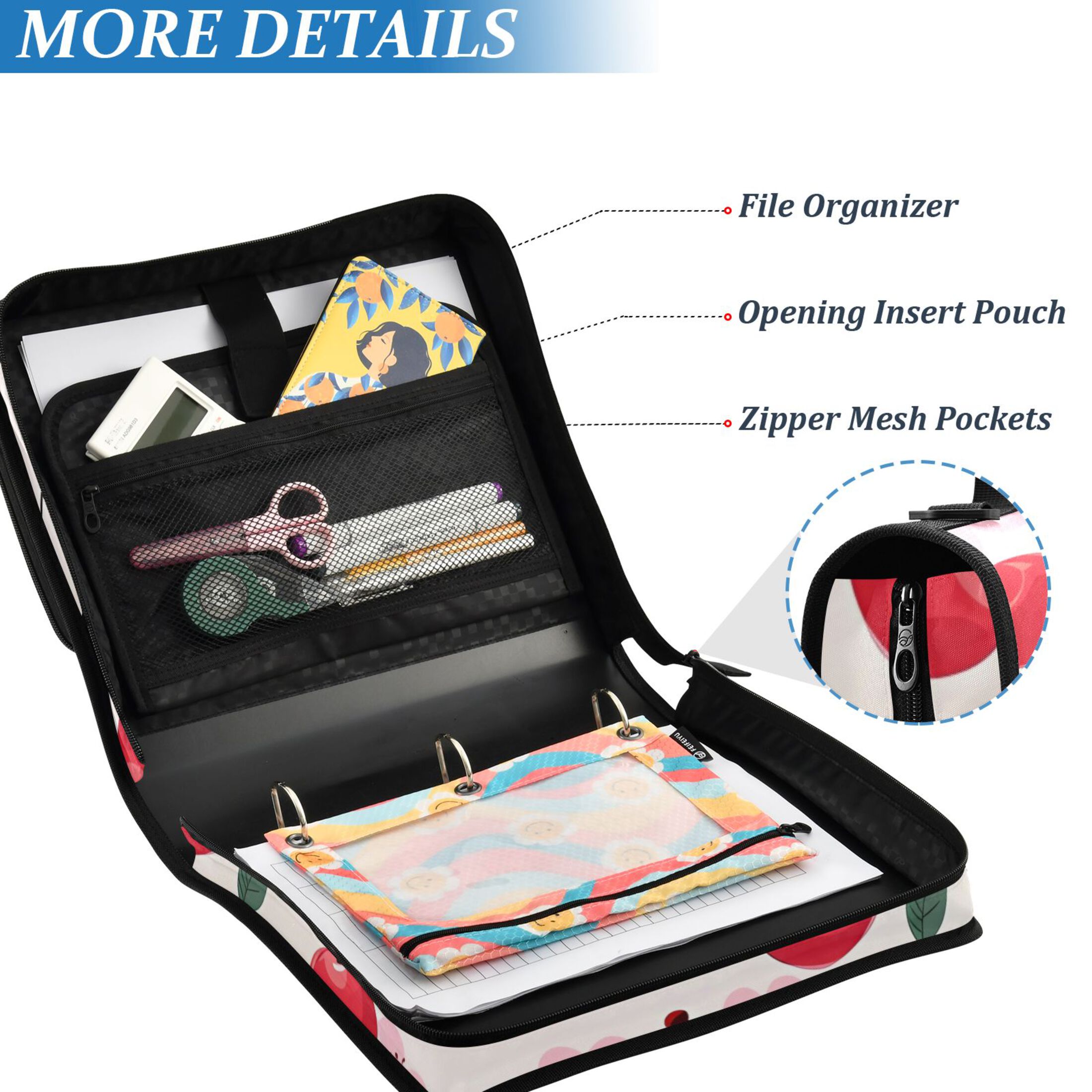 ALAZA Zipper Binder Cherry and Flowers 3 Ring Trapper Keeper File Folder Organizer Bag