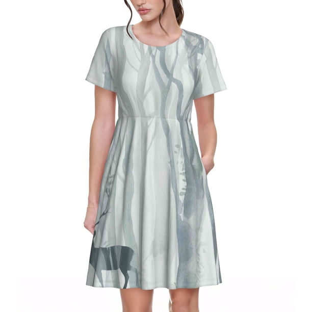 Easygdp Christmas Deer para Vestido Transpirable de Mujer, Vestido Suelto de Manga Corta con Pliegues y Bolsillos para el Verano