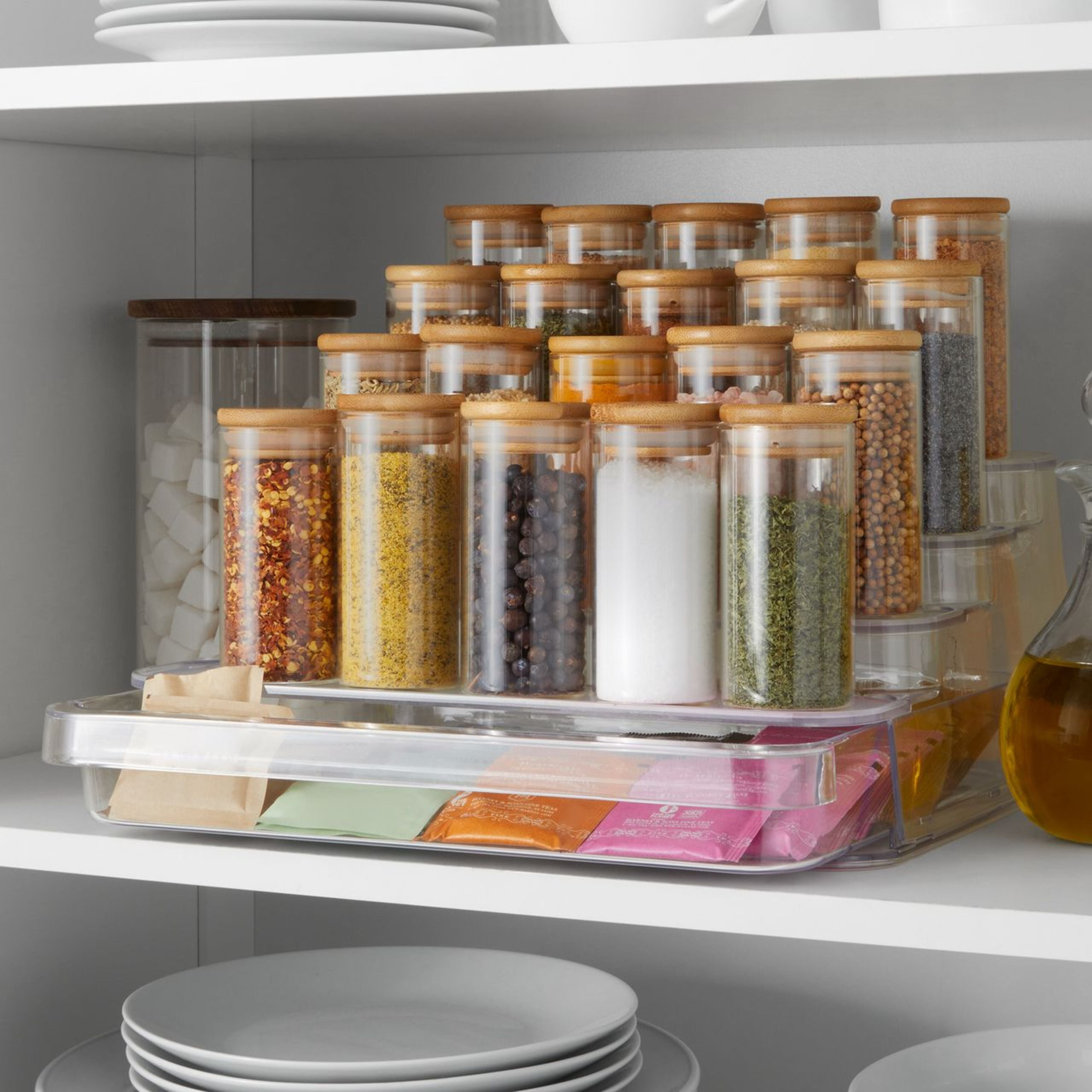 Mainstays Clear 4 Tier Spice Rack With Drawer, Ideal for Kitchen Storage and Organization of Spices ansd Countertop Spice Display, Added Drawer for Organization and Storage