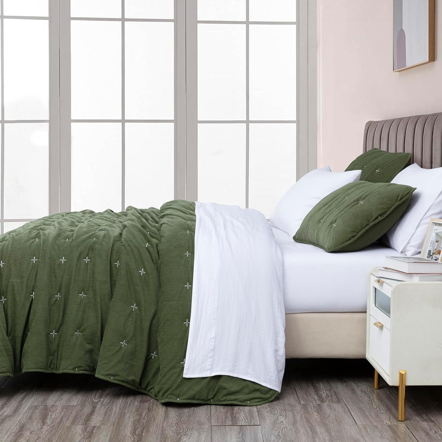 Chezmoi Collection Corduroy King Quilt Set Olive Green, 3-Piece Luxury Soft Cross Stitch Polyester Corduory Lightweight Bedspread, 1 Quilt 106 in x 94 in and 2 Pillow Shams 20 in x 36 in