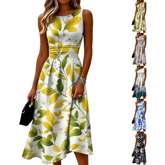Ruched Waist Sleeveless Midi Dress for Women - Elegant Round Neck A-Line Sundress with Vibrant Lemon Leaf & White Floral Print, Flowy Summer Beach Party Vacation Gown Blue S