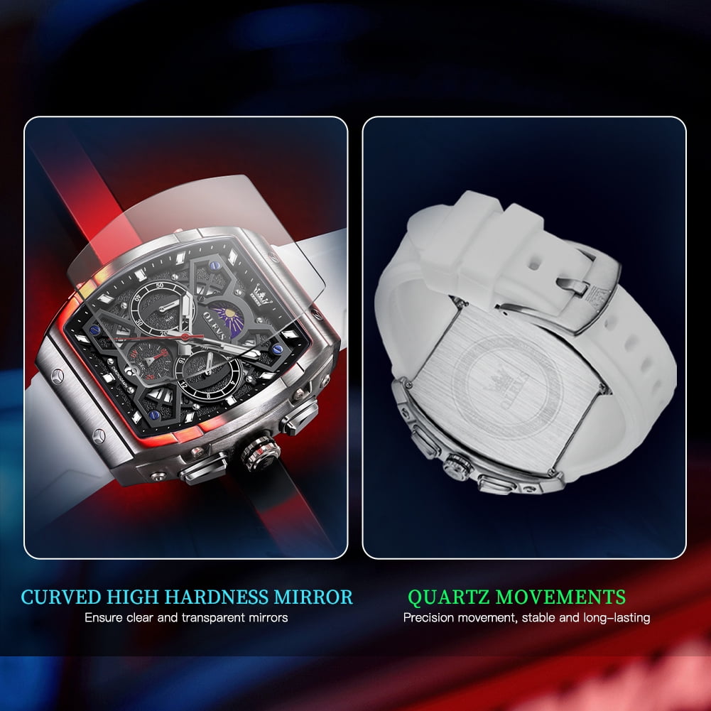 OLEVS Watches for Men Chronograph Waterproof Luxury Dress Quartz Silicon Strap Multifunction Moon Phase Calendar Luminous Men Wrist Watches Reloj Para Hombre Black/Red