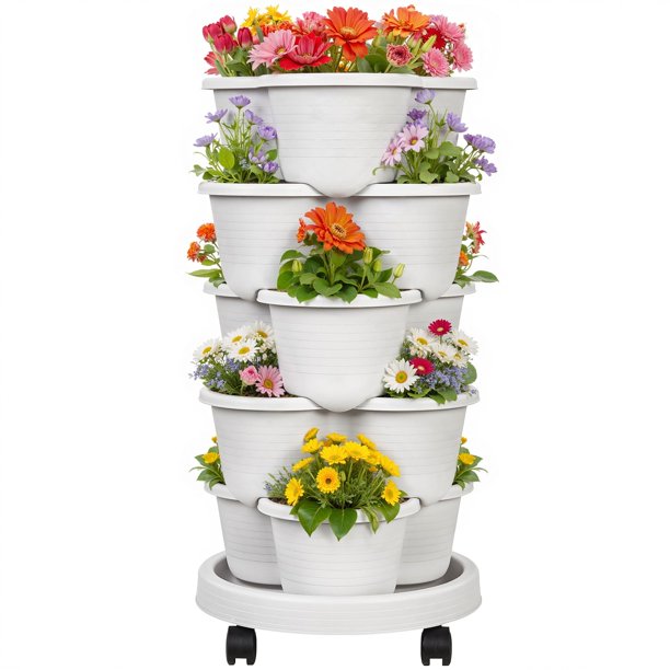 Maceta de jardín vertical VECELO de 5 niveles con riego automático, gris