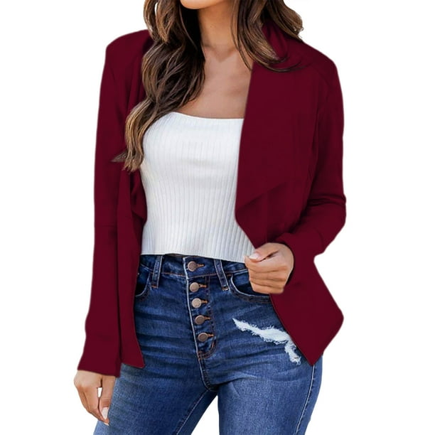 Gibobby Blazer de mujer Blazer Largo para Mujer chaquetas de negocios chamarra de trabajo con bolsillos(Vino,G)
