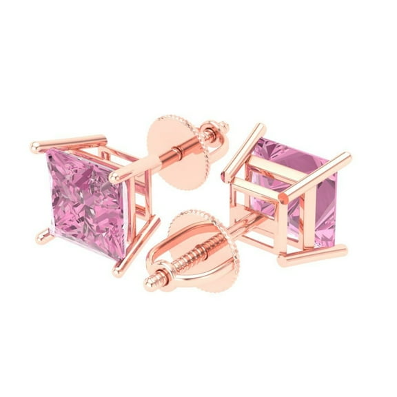 Small Princess Cut Pink Cz Women's Rose Gold Plated 925 Sterling Silver CZ Stud Screw Back Earrings