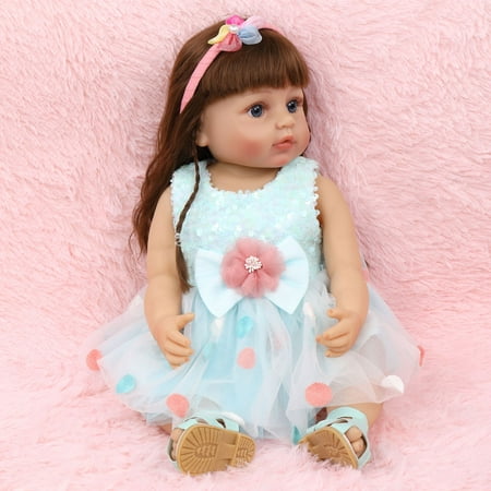 

Veecome 1 Set Of Silicone Vinyl Cotton Body All-plastic Simulation Doll Cute Blue Polka Dot Skirt (22 Inches)