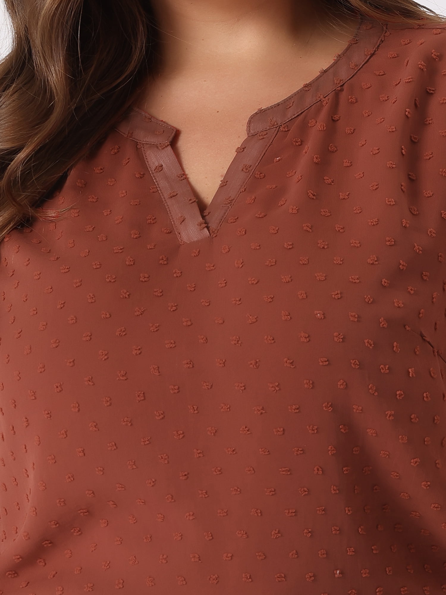 Unique Bargains Women's Plus Size Outfits Fashion Solid Pin Dots V Neck Top 1X Caramel