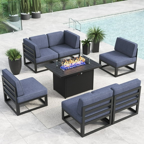 LayinSun Large Aluminum Patio Furniture Set with Fire Pit Table, 7 Pieces Modern Outdoor Conversation Set Sectional Metal Sofa Set with Olefin Cushion