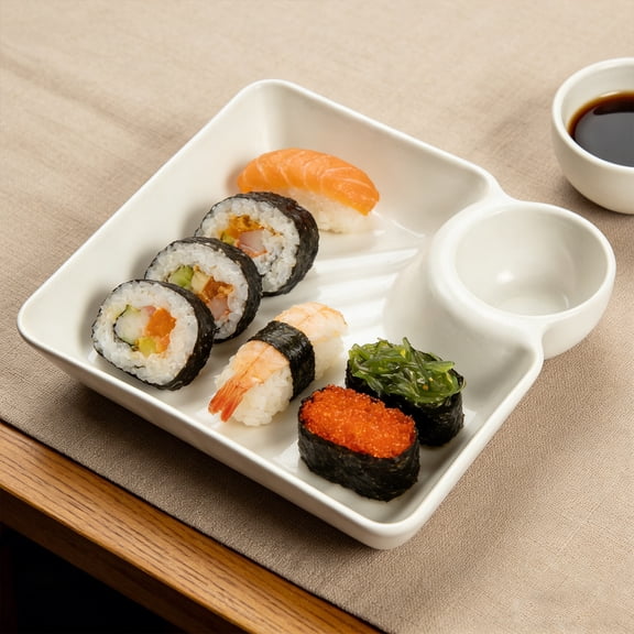 Eespoir Japanese Style Dumpling Dipping Dish, with Vinegar and Soy Sauce Separation, Small Sauce Bowl, for Sushi, Gyoza, Tableware, Ceramic, Sturdy