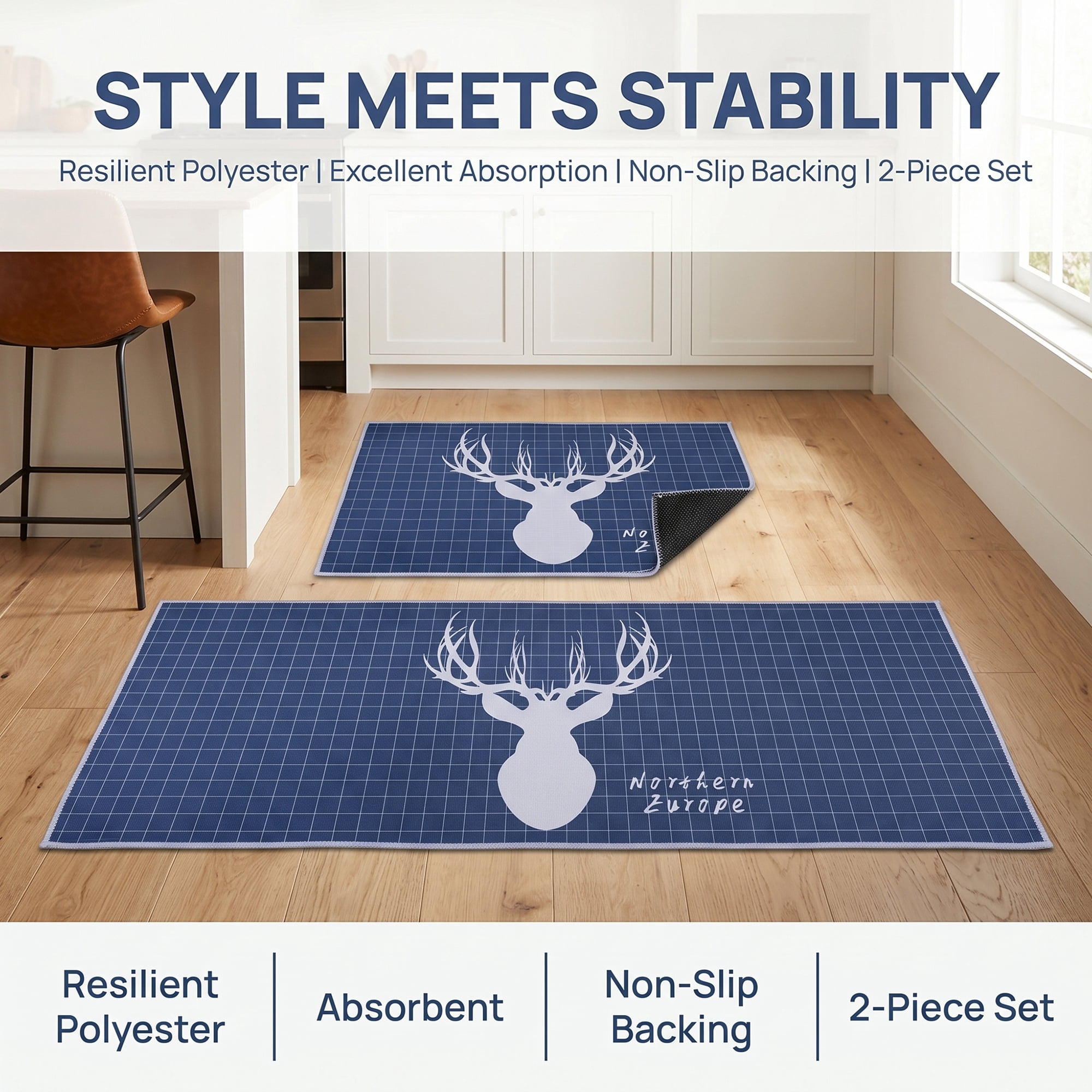 Unique Bargains Non Slip Deer Floral Printed Kitchen Rugs and Mats Blue 24"x16"+47"x16"