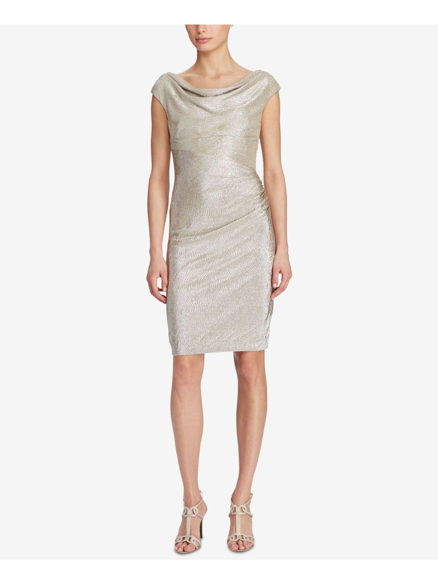 Ralph Lauren RALPH LAUREN Womens Gold Metallic Cowl Neck Knee Length