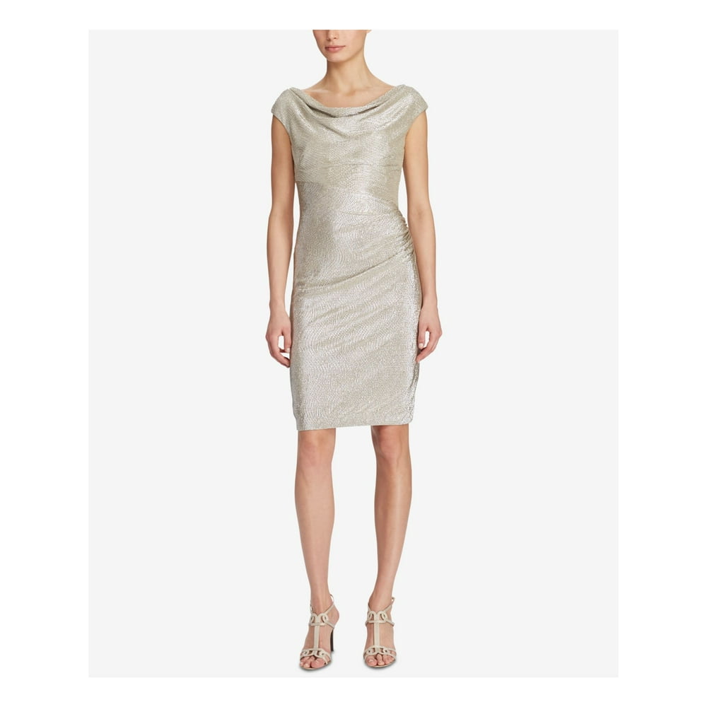 Ralph Lauren RALPH LAUREN Womens Gold Metallic Cowl Neck Knee Length