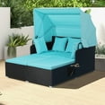 thumbnail image 2 of Costway Patio Rattan Daybed Lounge Retractable Top Canopy Side Tables Cushions Black + Turquoise, 2 of 10