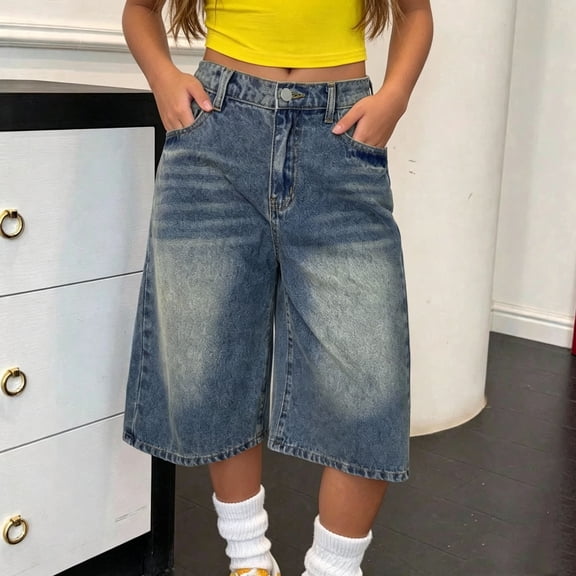 ATOGUTA Bermuda Jean Shorts Girl Size 12-17 Elastic High Waist Baggy Denim Shorts Summer Preppy Wide Leg Bermudas with Pockets Blue