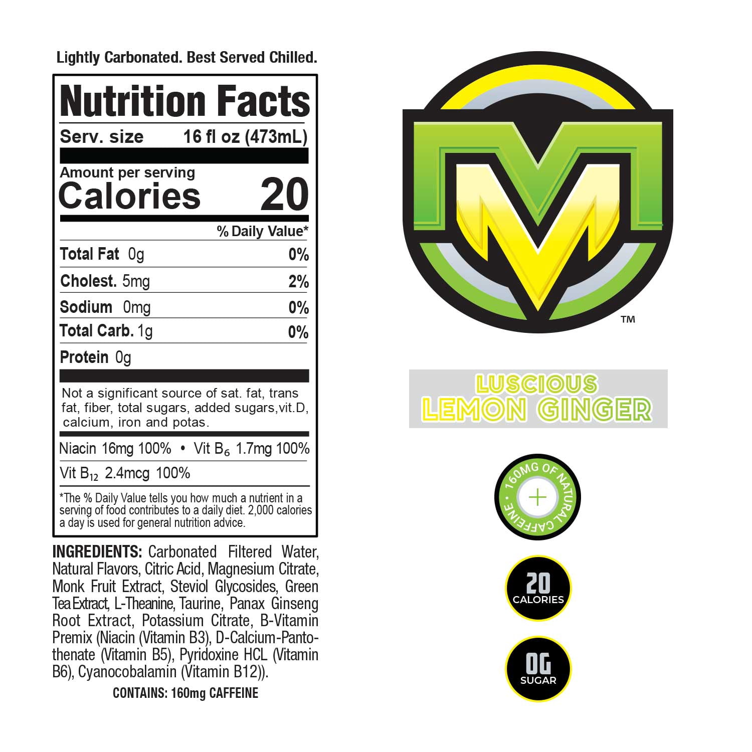 Moe's Mindset Energy Drink, Luscious Lemon Ginger - 12-Pack, 16oz - Energy & Focua & No Artificial Colors - 160mg Natural Caffeine, L-carnitine & Taurine - Gluten-Free & Vegan, Kosher