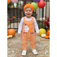 thumbnail image 4 of RUINIXCW Newborn Baby Boy My First Halloween Outfit Infant Boy Fall Winter Clothes Long Sleeve Romper Plaid Overalls Pants Pumpkin Hat 3 Piece Set, 4 of 10