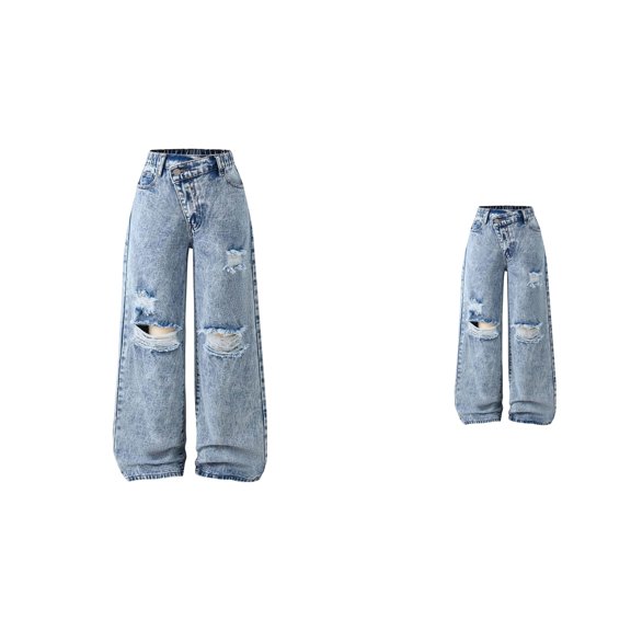 Girls Pants Loose Fit Distressed Wide Leg Casual Trousers For Teen Girls With Unique Asymmetrical Design Comfortable Everyday Wear