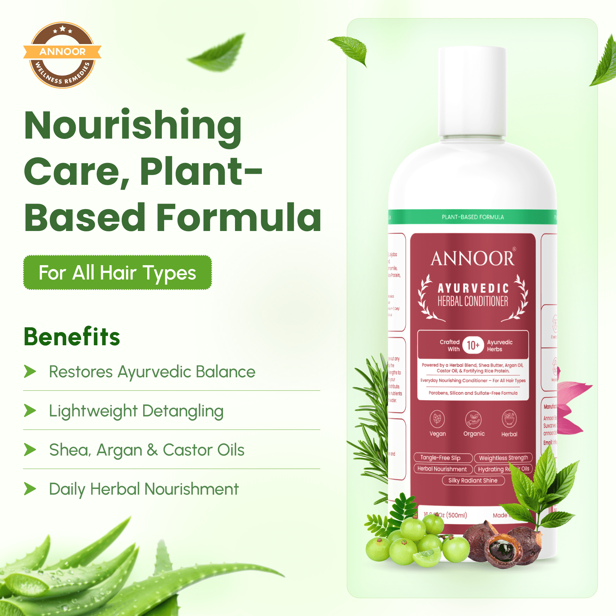 Annoor Ayurvedic Herbal Conditioner – Sulfate-Free, Plant-Based, Moisturizing & Nourishing for All Hair Types (16.9 fl oz / 500 mL)