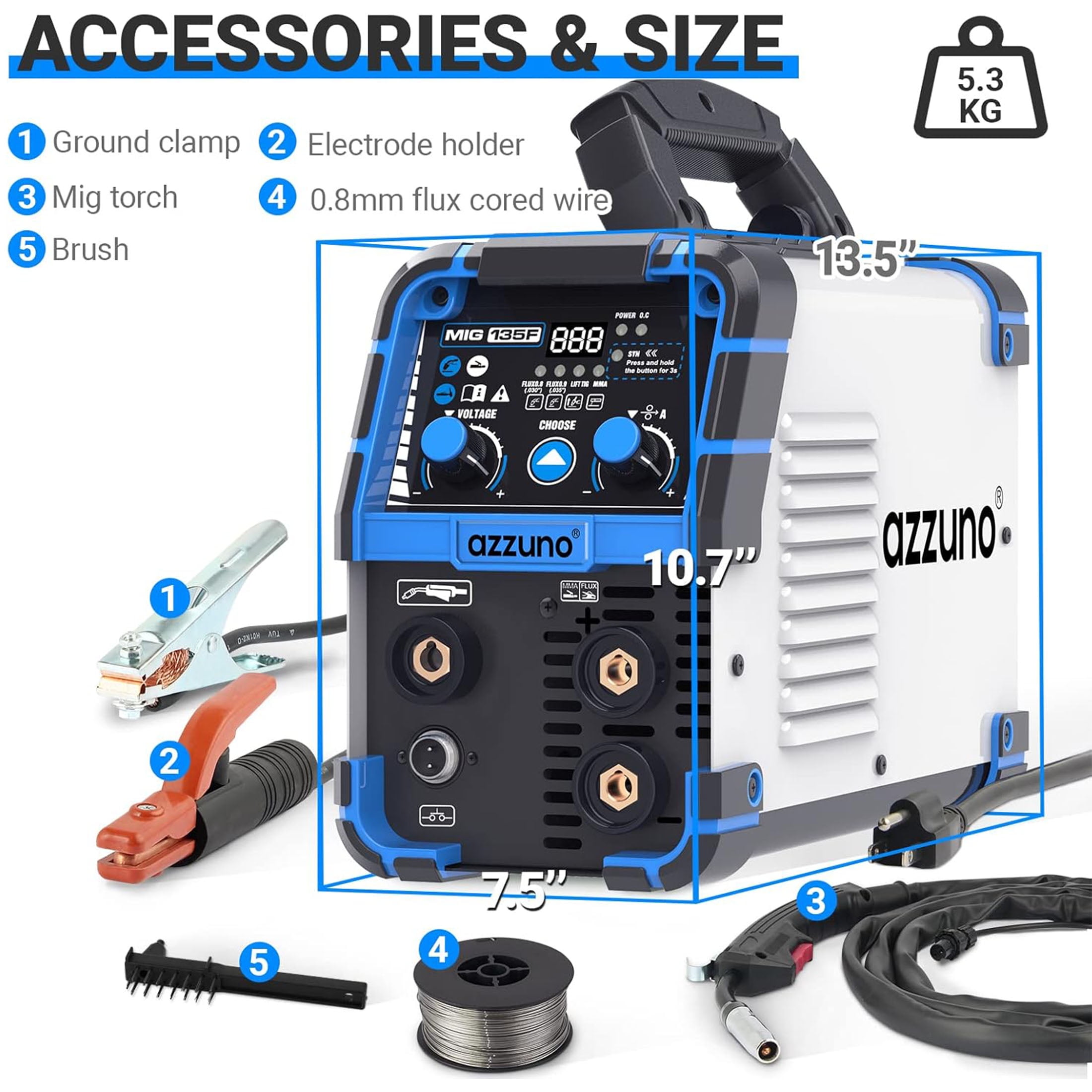 AZZUNO 135A MIG Welder 110V Flux MIG/Lift TIG/Stick 3 in1 IGBT