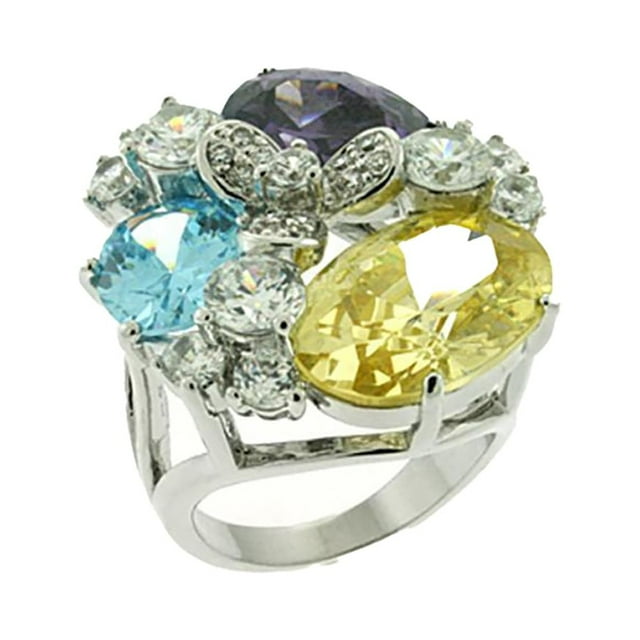 Rhodium Brass Ring with AAA Grade CZ in Multi Color for Women Multi Color Stone Color Style LOA606 Size 6