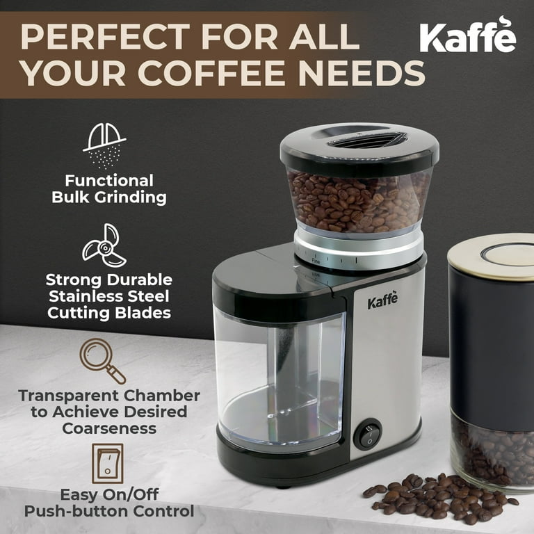 Kaffe Burr Coffee Grinder 20 Cup, Stainless Steel, Stealth Motor w/  Cleaning Brush 
