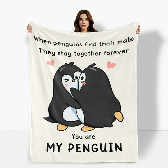 White Penguin Heart Design Forever Together Flannel Blanket For Love Gift Ideal For Sofa Bed Travel Camping Polyester Gift For Family Friends Shipped From USA