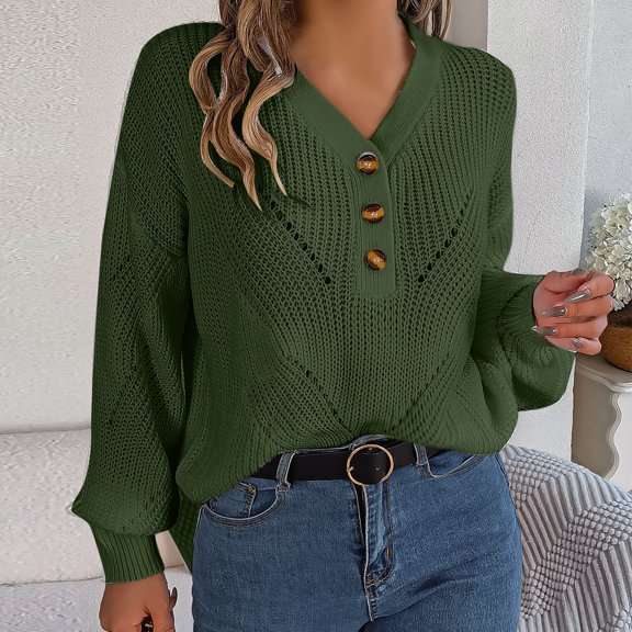 Amidoa V-Neck Sweater Tops for Women Long Sleeve Green Cutout Buttons Solid Elegant Sweaters Cardigans for Women L