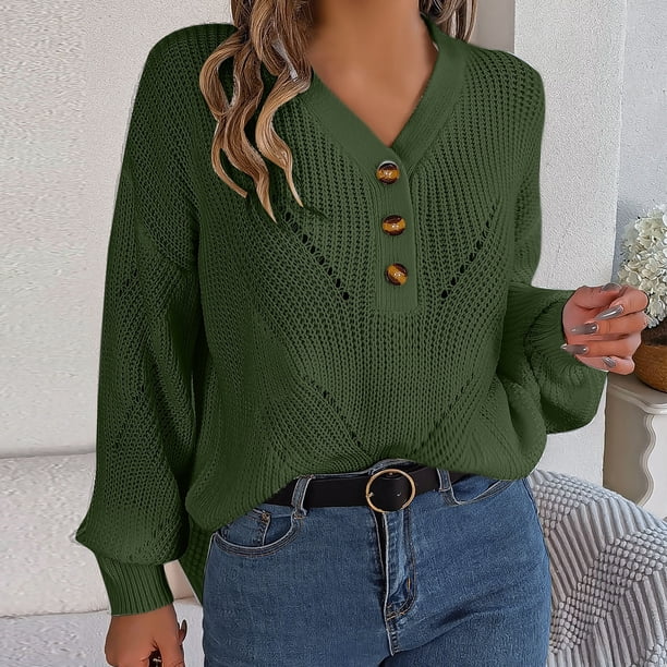 Suéter de cuello en V para mujer, moda informal, botones, manga larga, cuello en V, suéter cálido para salir.